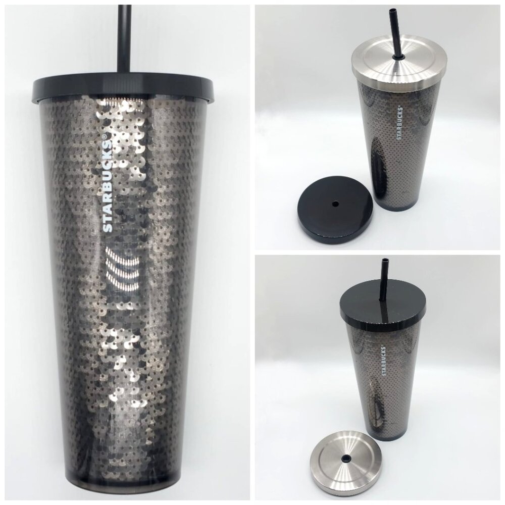 Starbucks Black Sequins Cold Cup Tumbler with FREE EXTRA LID 24oz